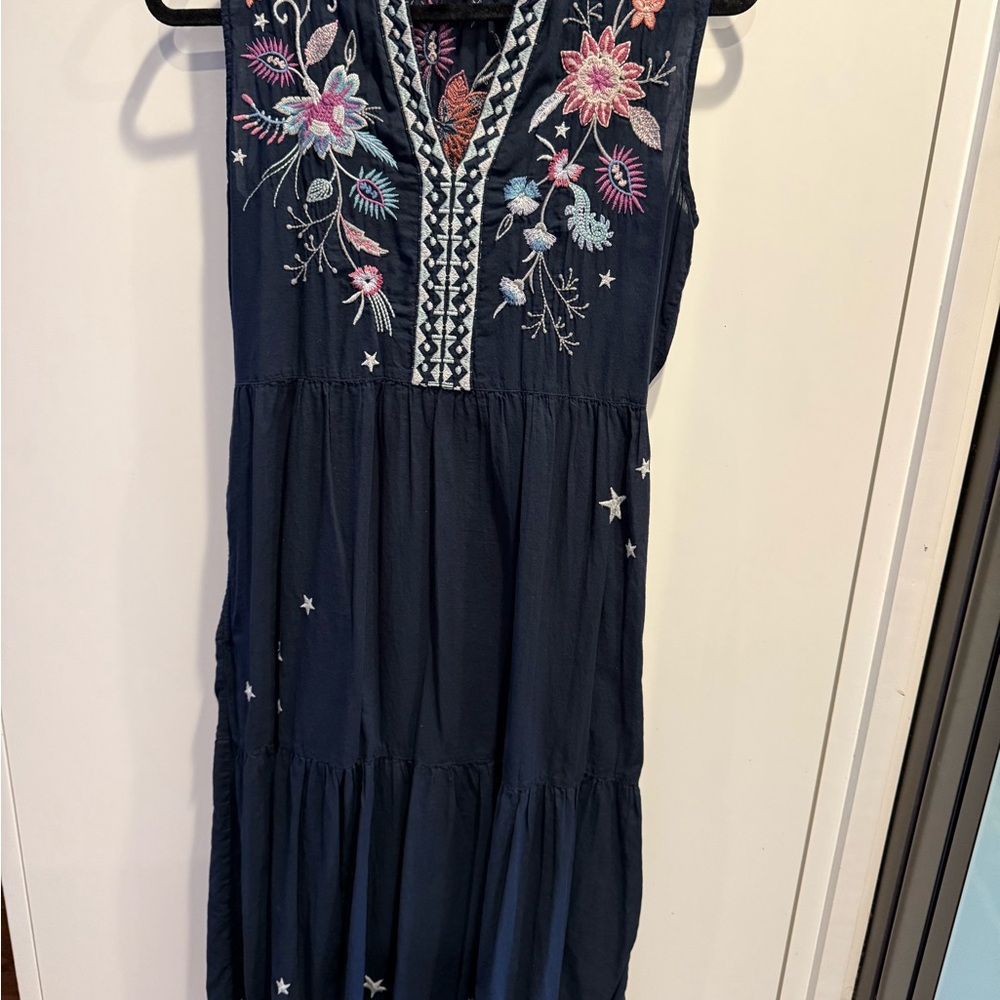 Johnny Was Navy Dress with Multicolor Floral Embroidery